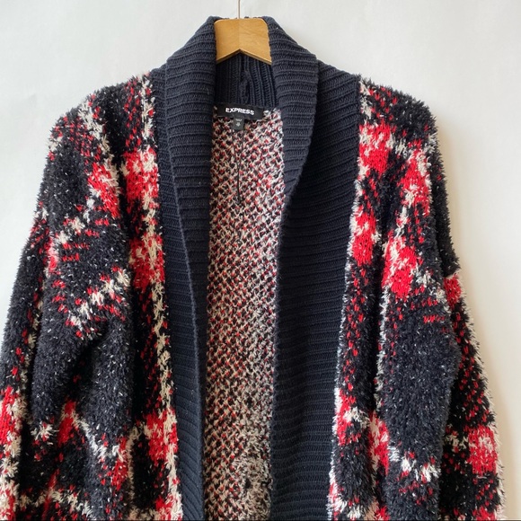 Express Oversized Open Front Plaid Knit Cardigan Black Red White Women's XS - Picture 2 of 7